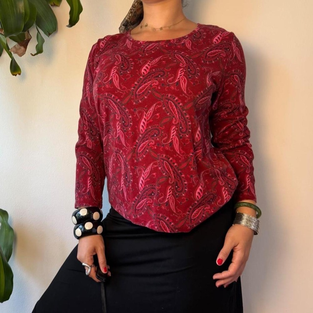 White Stag Vintage 90s Red Paisley Cotton Long Sleeve Boho Western Top XL